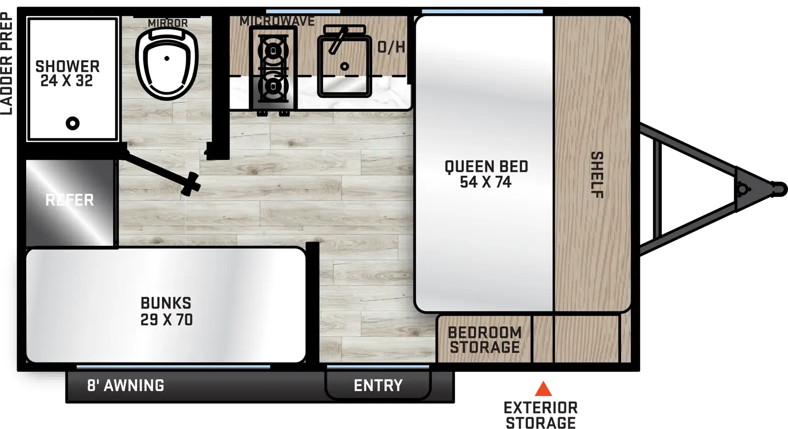 The 134BHX has zero slideouts and one entry. Exterior features exterior storage, rear ladder prep, and 8 foot awning. Interior layout front to back: side-facing queen bed with shelf above and door side storage; off-door side kitchen counter with sink and cooktop, overhead cabinet, and microwave; door side entry; rear off-door side bathroom with shower and toilet only; rear door side bunk beds; rear refrigerator.